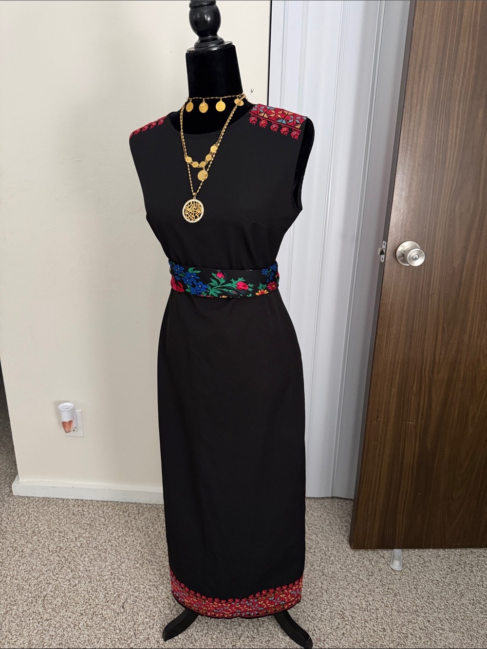 Black Maxi Dress with Colorful Embroidered Trim handmade cross stitch